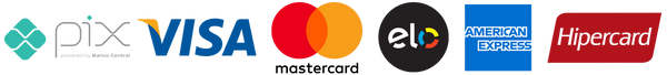 Formas de pagamento: Pix, Visa, Mastercard, Elo, American Express e Hipercard