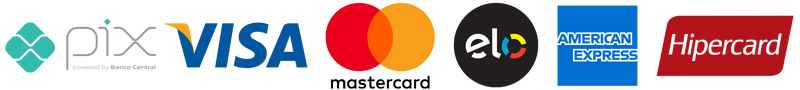 Formas de pagamento: Pix, Visa, Mastercard, Elo, American Express e Hipercard